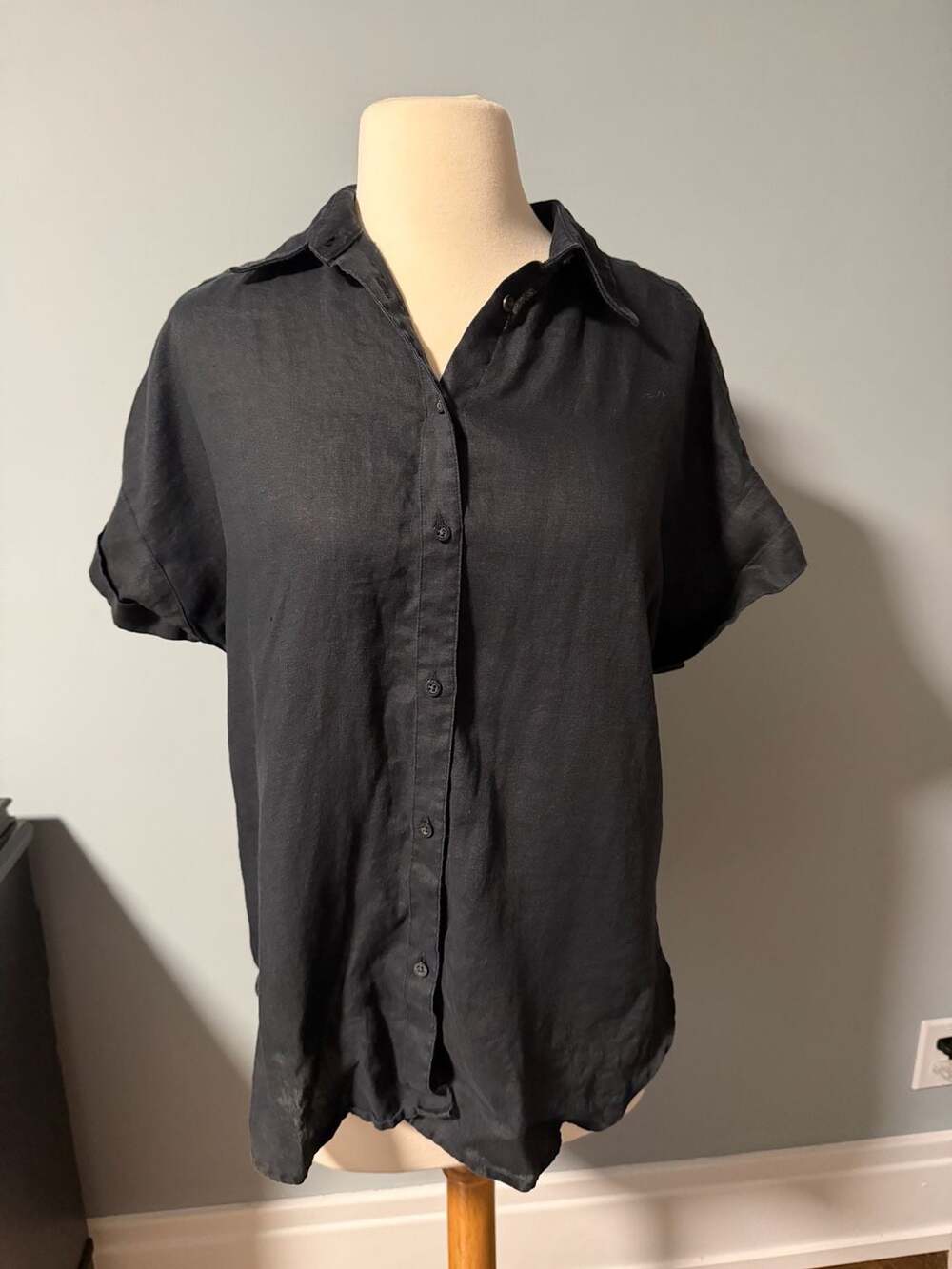 Lauren Ralph Lauren 100% Linen Short Sleeve Shirt Size M Black Button Down Top